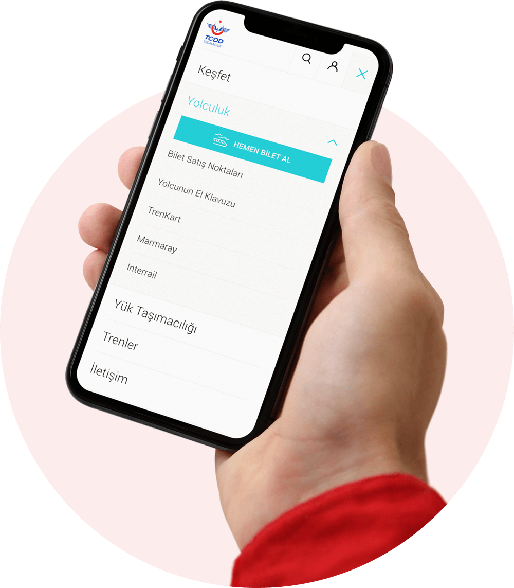 tcdd taşımacılık mobil uygulama menü ekranı